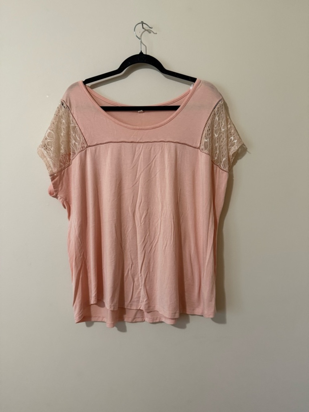 Pleione Blush Scoop Neck Top with Lace Cap Sleeves. PTP 26.